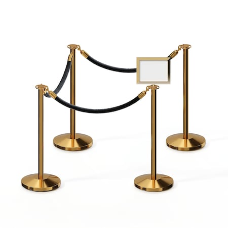 Montour Line Stanchion Post & Rope Kit Pol.Brass, 4FlatTop 3Blk Rope 8.5x11H Sign 3PBFLTAP8511H3PVBKPB